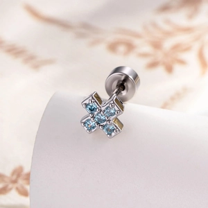Delicate silver cross stud earring featuring sparkling blue micro-set zircon stones
