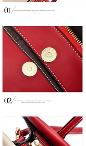 Detail of red leather handbag with white contrast stitching and gold magnetic closure