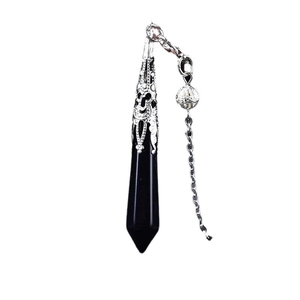 Black obsidian hexagonal pendulum necklace with silver floral cap on white background
