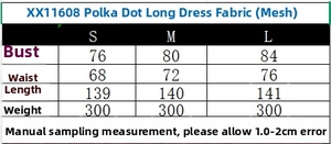 Detailed size guide table for women's polka dot mesh maxi dress in S, M, and L sizes
