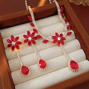 Luxury fashion jewelry set with red zircon flower pendant necklace and earrings