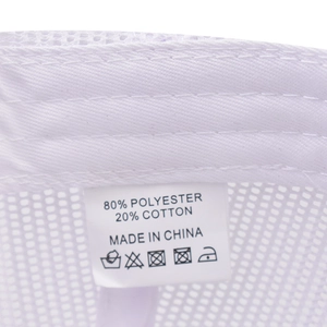 White baseball mesh cap interior detail with cotton blend fabric tag and stitching