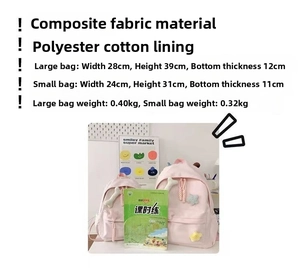 Detailed size chart and specifications for two sizes of pink composite fabric backpacks