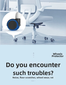 Detailed view of blue silicone suitcase wheel covers for noise reduction and protection