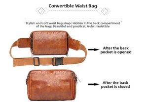 Vue détaillée du sac ceinture marron à motif crocodile avec compartiment caché