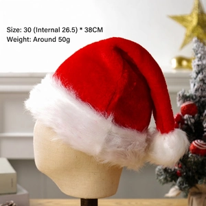 Plush red and white LED Christmas hat 30x38cm on a display head with festive background