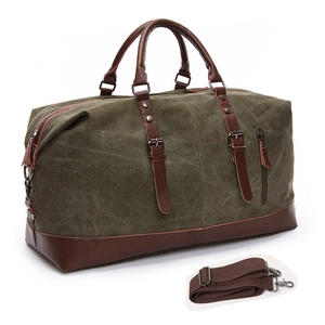 Olive canvas travel bag with leather trim and adjustable strap for business trips