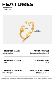 Detail of adjustable gold stainless steel ring with unique hand-gesture design