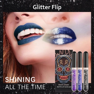 Three-piece Halloween glitter flip lip gloss set in purple and black matte finish