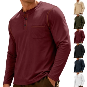 Detail view of men's Henley shirt with chest pocket and multiple color options list
