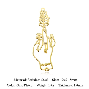 Detailed view of a gold plated stainless steel hand holding leaf pendant for DIY jewelry