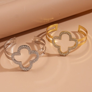 Bracciale rigido a quadrifoglio a doppio strato con strass oro e argento