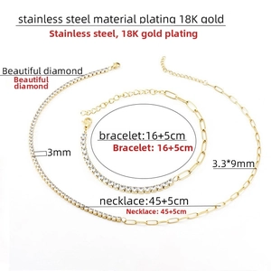 Détail de l'ensemble collier et bracelet en acier plaqué or 18K avec zircons 3mm