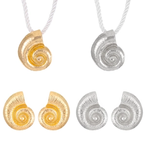 Bohemian seashell jewelry set featuring gold and silver necklaces and matching stud earrings