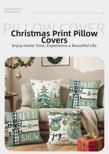 Detailed view of four Christmas themed pillow covers with festive prints on a soft sofa