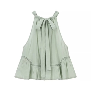 Mint green sleeveless halter neck top with lace patchwork and elegant bow tie details