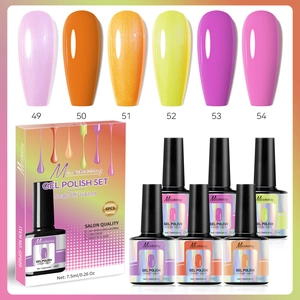 Detail of 6-piece salon quality gel polish set with color swatches and packaging