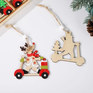 Detail of wooden Santa and reindeer charms with vibrant paint and natural twine