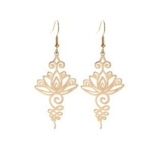 Elegant gold hollow lotus and Unalome dangle earrings made of durable stainless steel