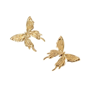Minimalist gold butterfly stud earrings made of stainless steel on white background