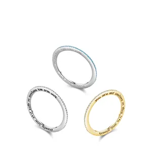 Three minimalist s925 sterling silver rings with engraved quotes and sparkling zircons