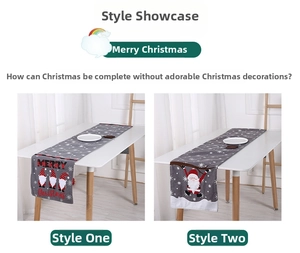 Detail of Christmas table runners with gnome motifs and Merry Christmas knit texture