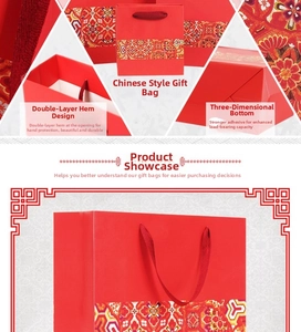 Detail of red ethnic paper gift bag showing anti-scratch folded edges and reinforced bottom