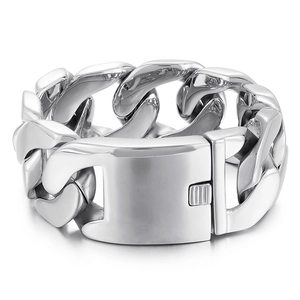 Polished silver Cuban link bracelet for men with mechanical plug buckle closure