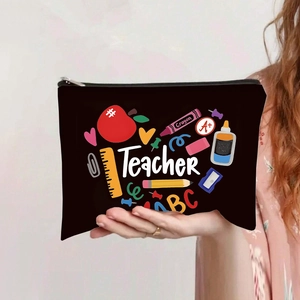 Detail showing Teacher theme canvas cosmetic bag with colorful school icons and zipper
