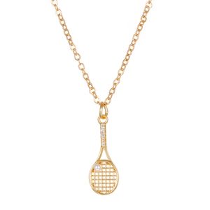 Golden tennis racket necklace with zircon accents and pearl pendant on a cable chain