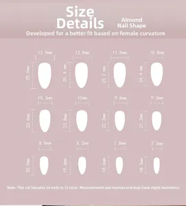 Detailed size chart for 24pcs black almond press-on nails showing 12 different dimensions