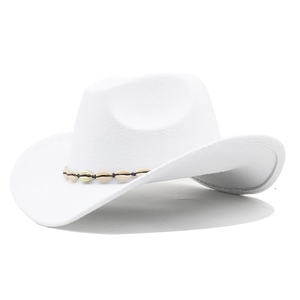 Detail of white wool jazz hat with beaded shell band and curved brim for women