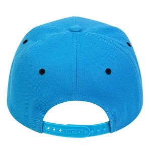Rear view of bright blue snapback hat showing adjustable plastic strap and cotton fabric