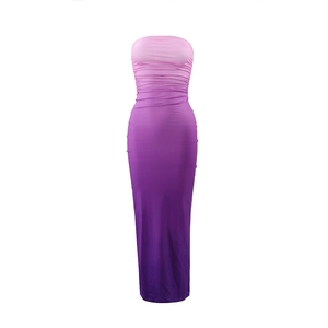 Detail of slim fit tube dress showing the pink to purple gradient and ruched fabric texture