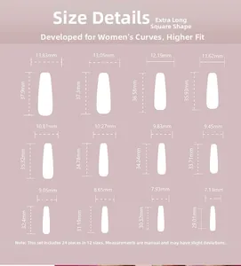Tableau des tailles pour faux ongles carrés extra longs de 24 pièces en 12 dimensions