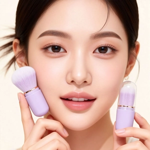 Pennello trucco retrattile con setole viola e anello in oro rosa in vista principale