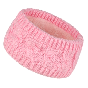 Pink cable knit winter headband with warm fleece lining and elastic knitted ear warmer wrap