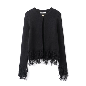 Cardigan noir à manches longues pour femmes avec bouton doré et bordures à franges