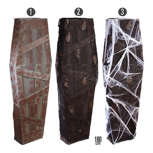 Three 160cm Halloween coffin prop styles with wood grain, black gauze, and spider webs