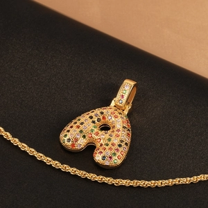 Colorful zircon-encrusted letter A pendant necklace on a gold-plated rope chain for women