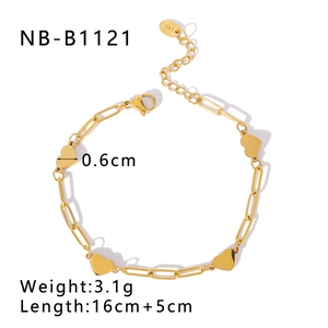 Vintage gold-plated stainless steel paperclip chain bracelet with heart pendants for women