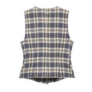 Gilet en tweed à carreaux pour femme en bleu marine et jaune, vue arrière sans manches
