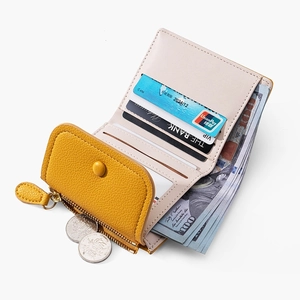 Short tri-fold ginger yellow lychee pattern PU leather wallet with snap coin pocket and card slots