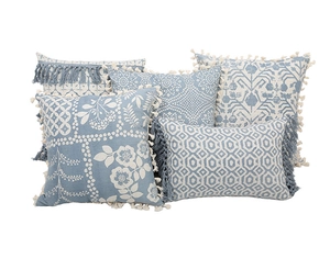Blau weiß bedruckter Kissenbezug mit Quasten, boho Sofakissen dekorative Kissenhülle Set.