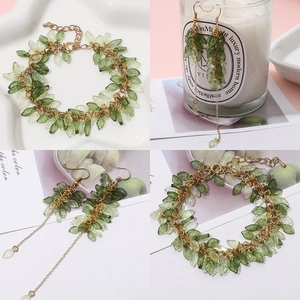 Green acrylic leaf beads bracelet and earrings jewelry set with gold finish chain