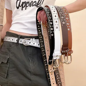 Vintage Punk Faux Leather Waist Belt With Rhinestone Eyelets And Rivets Y2K Bohemian Rock Style Decorative For Women