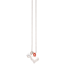 Silver bead chain necklace with metal heart pendant and red beads on white background