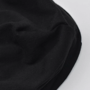 Close-up of black breathable knit fabric texture for versatile cotton slouchy beanie
