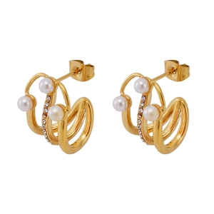 Boucles d'oreilles rétro en titane 18K avec perles et zircons, design géométrique