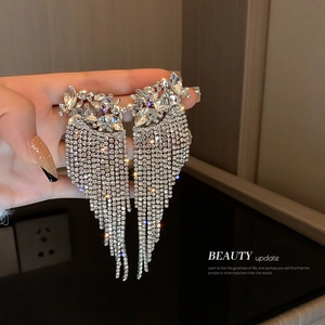 Sparkling silver fringe earrings with tassel chains and rhinestones for women